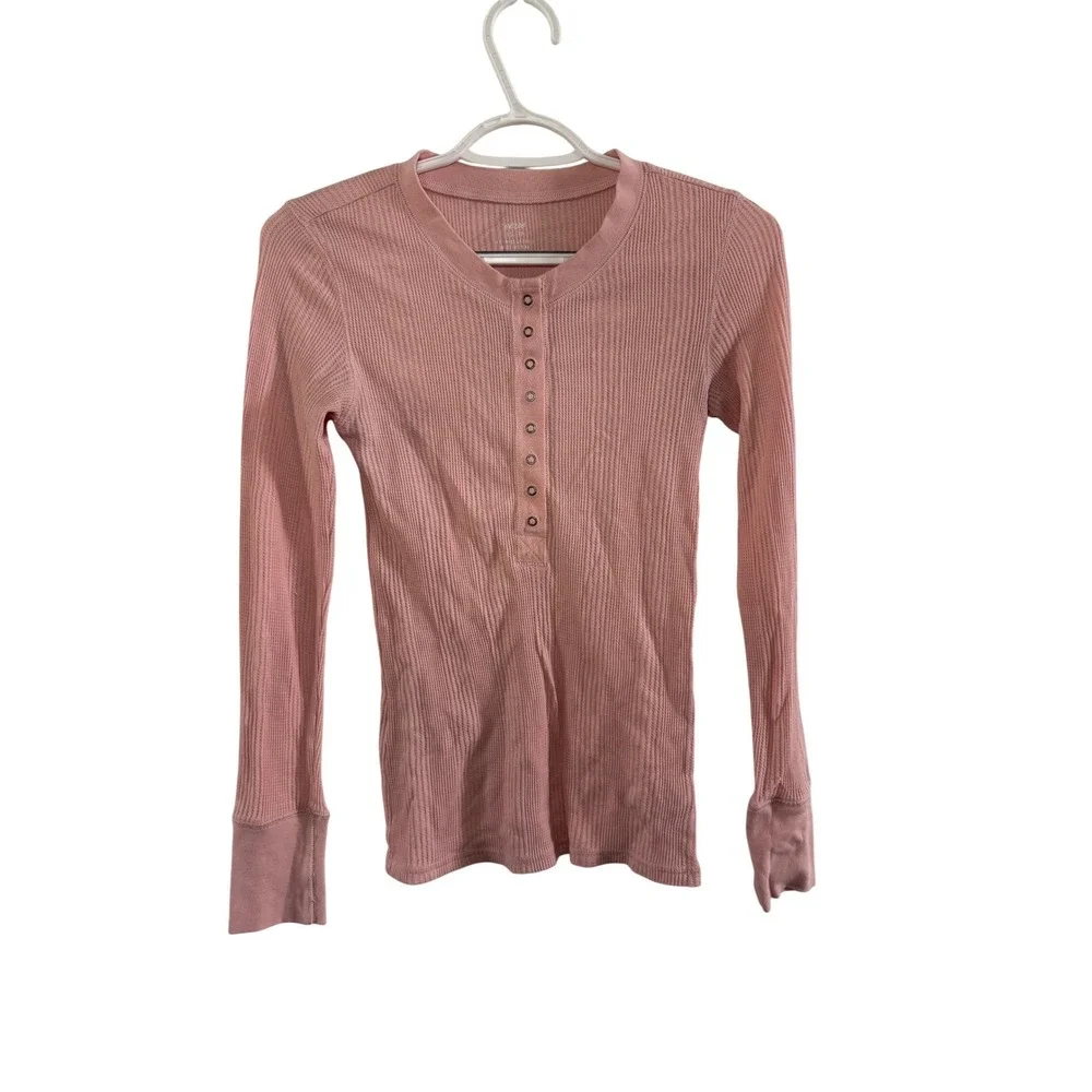 Aerie Pink Waffle Knit Long‎ Sleeve Henley Shirt Womens XS Y2K Preppy Coquette